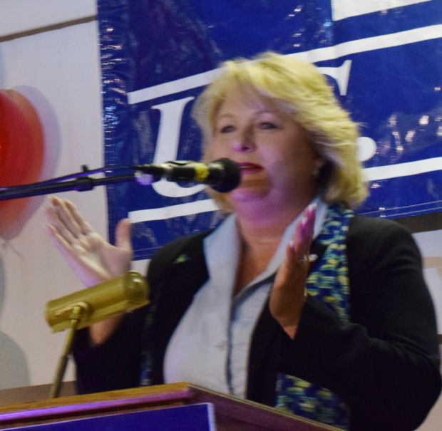 Terri Bryant gives an acceptance speech at the Murphysboro Elk's Club on Tuesday evening.